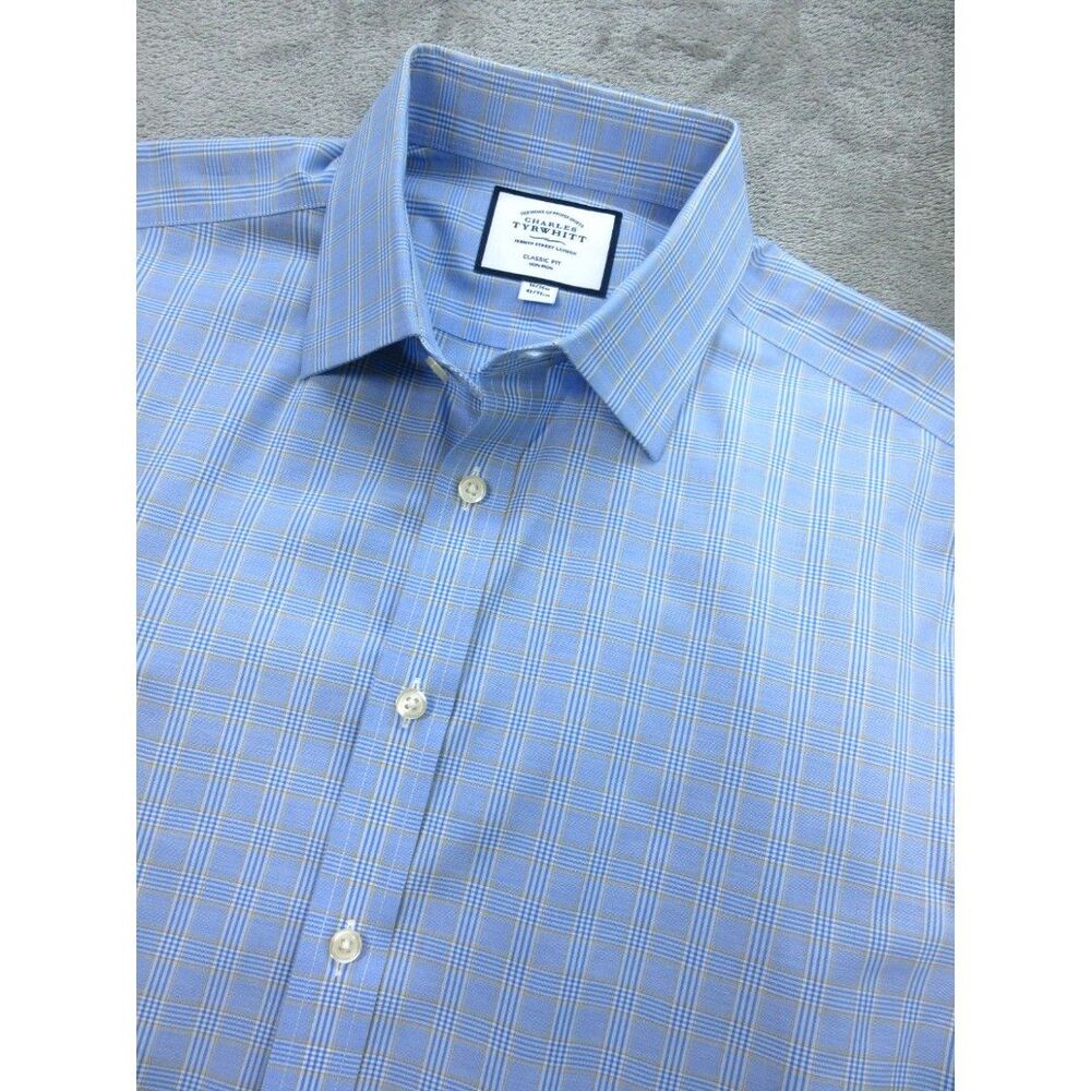 Charles Tyrwhitt Shirt Men's Sz 16/41 Classic Fit Non-Iron Long Slv Plaid Blue